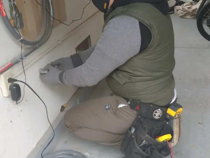 Electrician performing outlet wiring in a Elm Creek garage